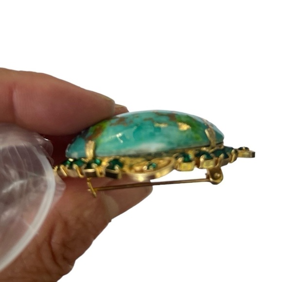 Vintage Brooch and Clip Earrings Set Green and Aqua Rhinestone rare 1960s - Picture 12 of 13